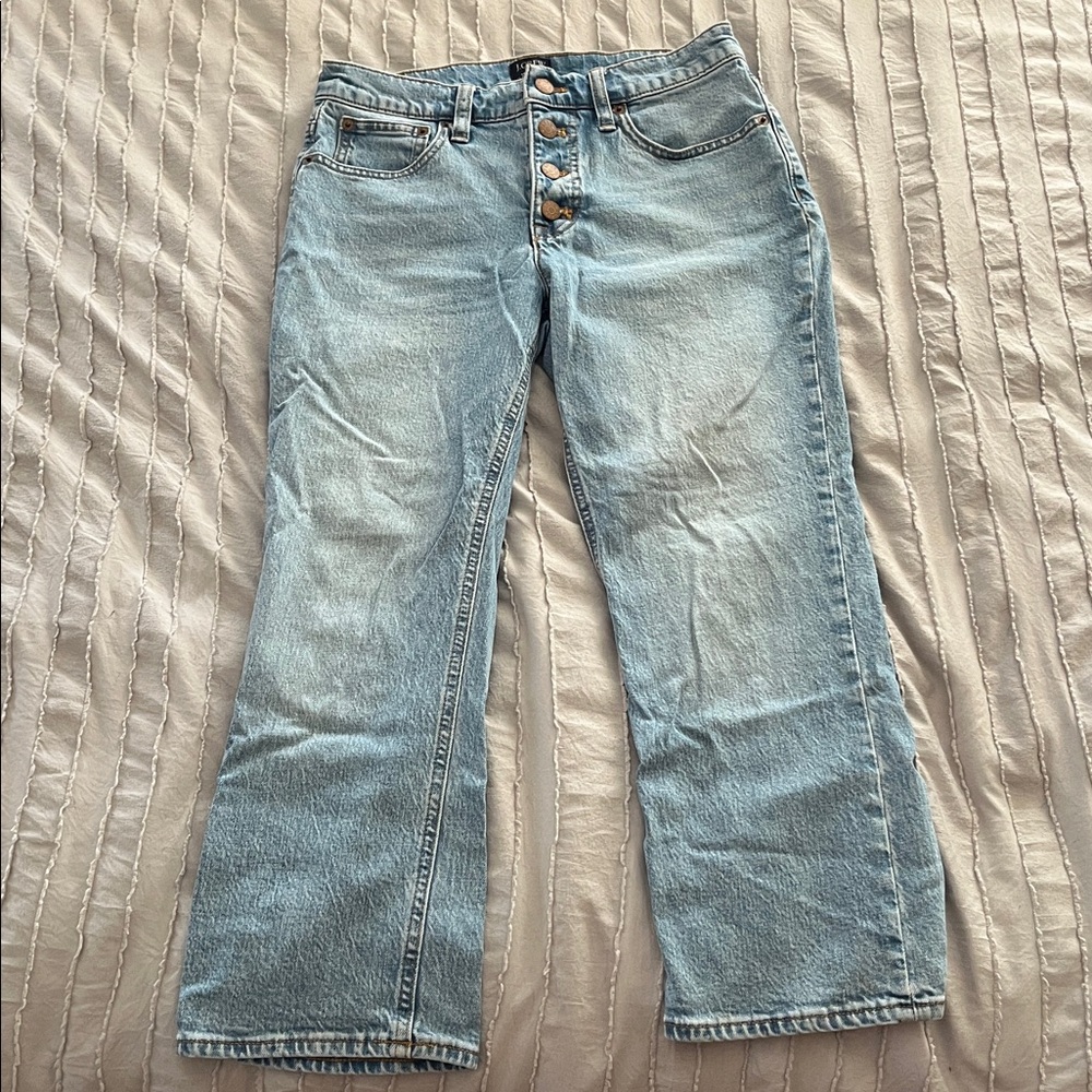 J.Crew Mid-Rise Flare Crop Jeans Light Wash Button Fly Denim Size 27 Petite